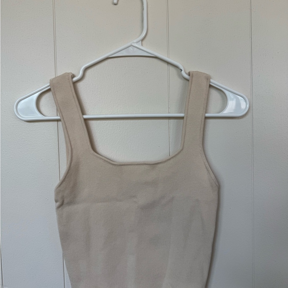 Beige Square-Neck Ribbed Knit Tank Top
